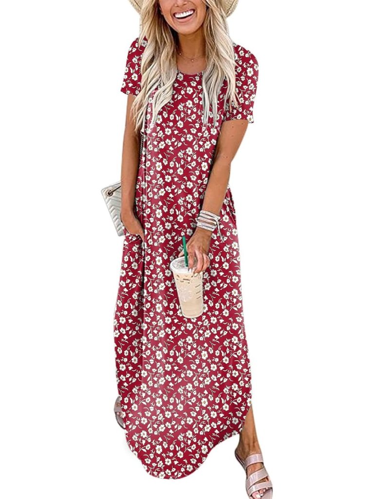 Women's Floral Red Summer Maxi Dress Short Sleeve Casual Split Beach T Shirt